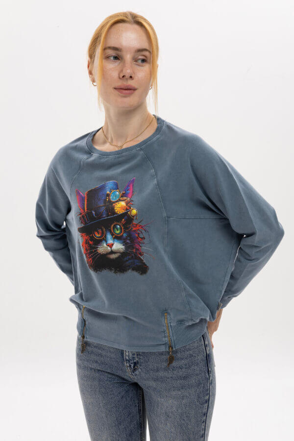 Steampunk Kedi Tasarımlı Sweatshirt